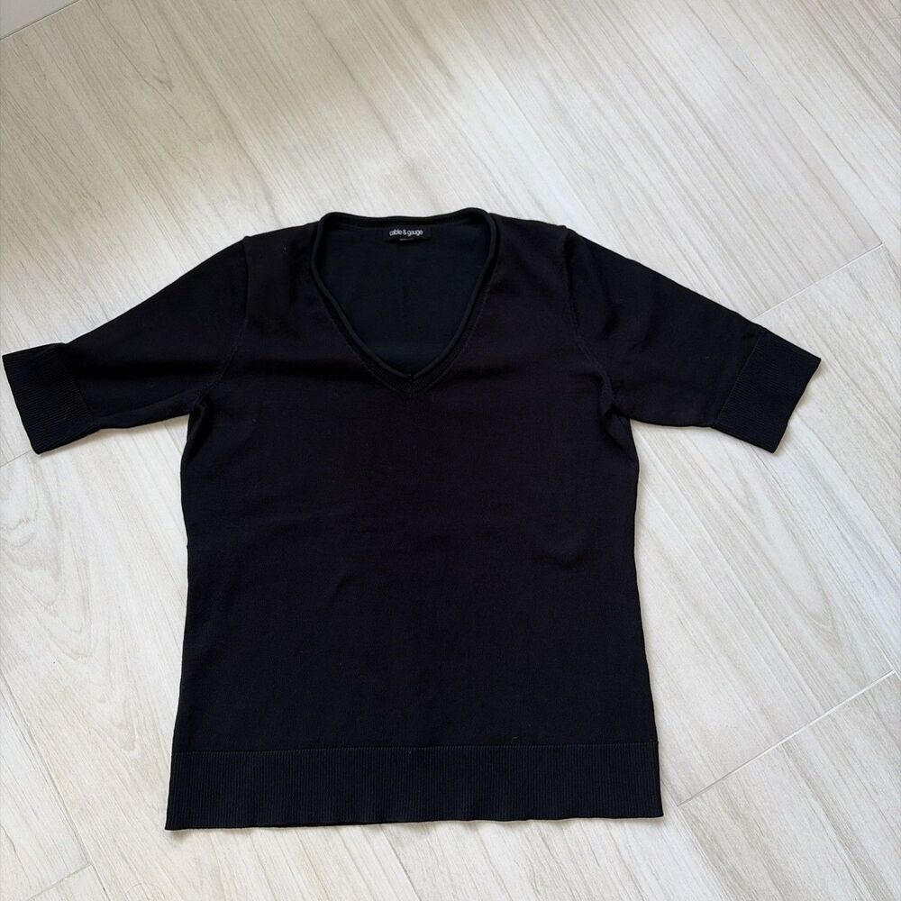 Cable & Gauge Black V-Neck Short Sleeve Knit Sweater Top Medium